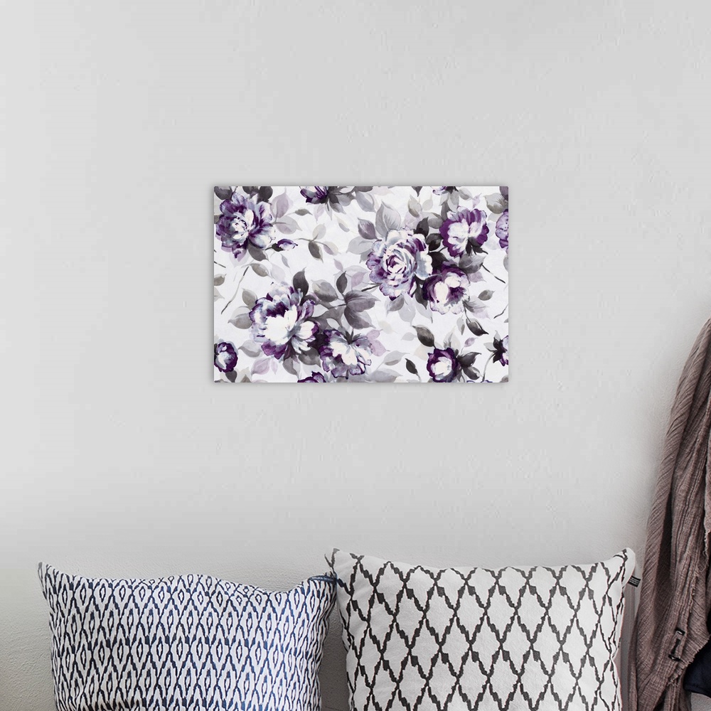 A bohemian room featuring Artwork of roses in purple with grey leaves.