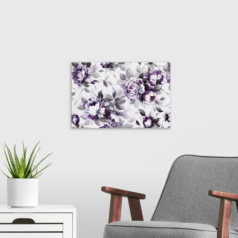 A modern room featuring Artwork of roses in purple with grey leaves.