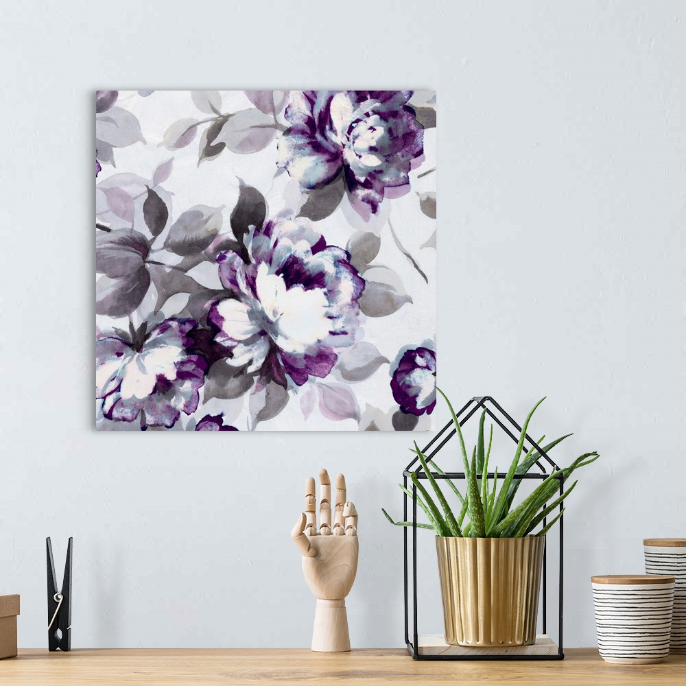 A bohemian room featuring Contemporary home decor art of a gray and purple flowers.