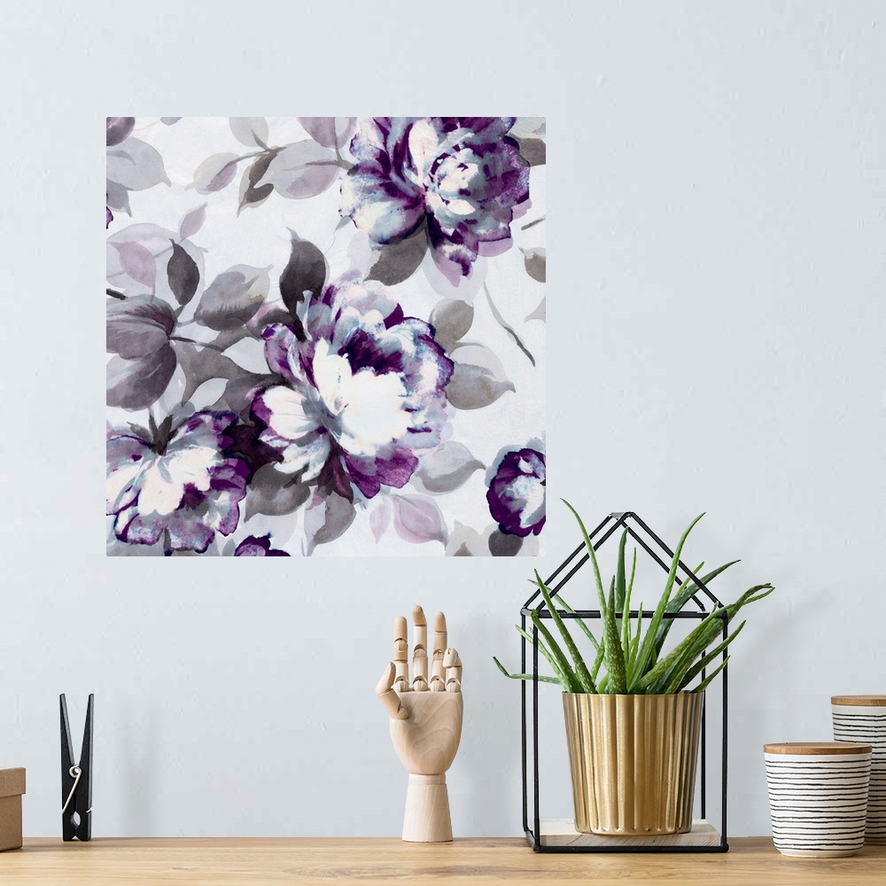 A bohemian room featuring Contemporary home decor art of a gray and purple flowers.