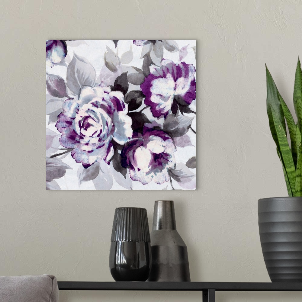 A modern room featuring Contemporary home decor art of a gray and purple flowers.