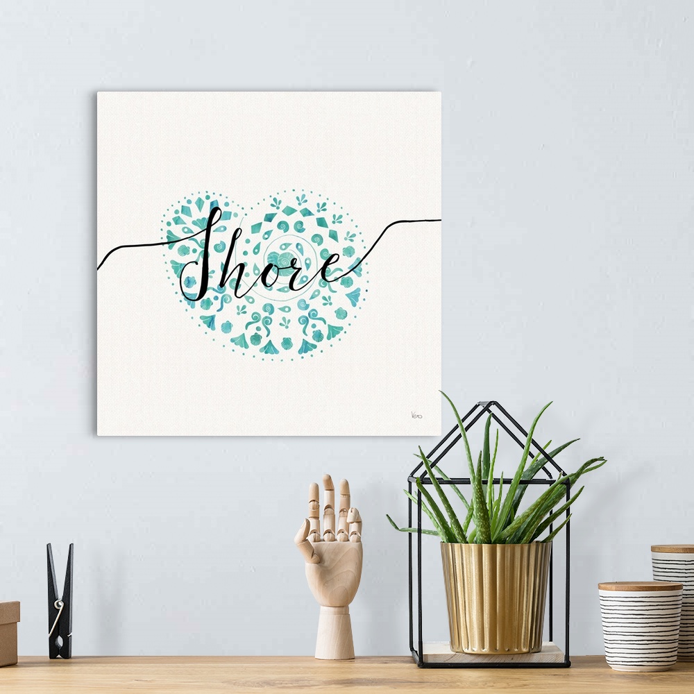 A bohemian room featuring Square watercolor painting of a seashell in blue-green hues with "Shore" written across in black ...