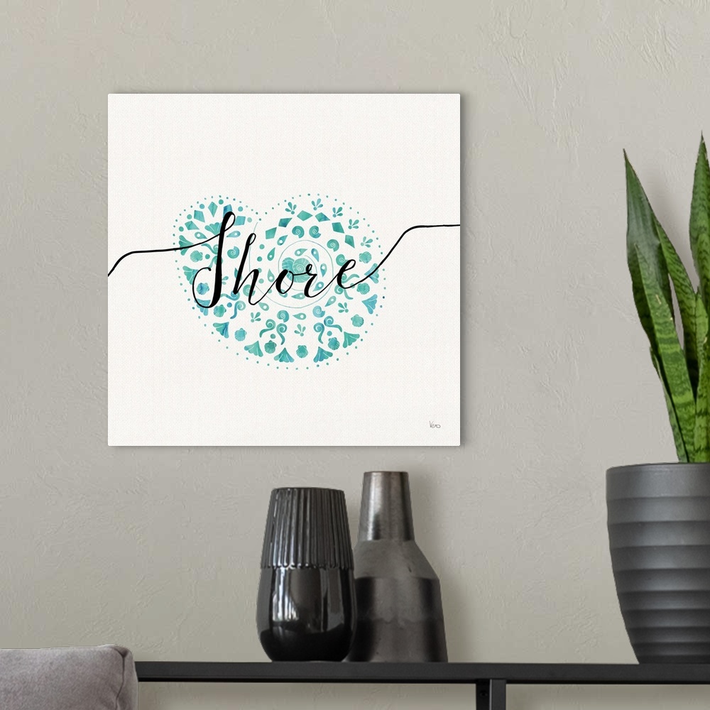 A modern room featuring Square watercolor painting of a seashell in blue-green hues with "Shore" written across in black ...