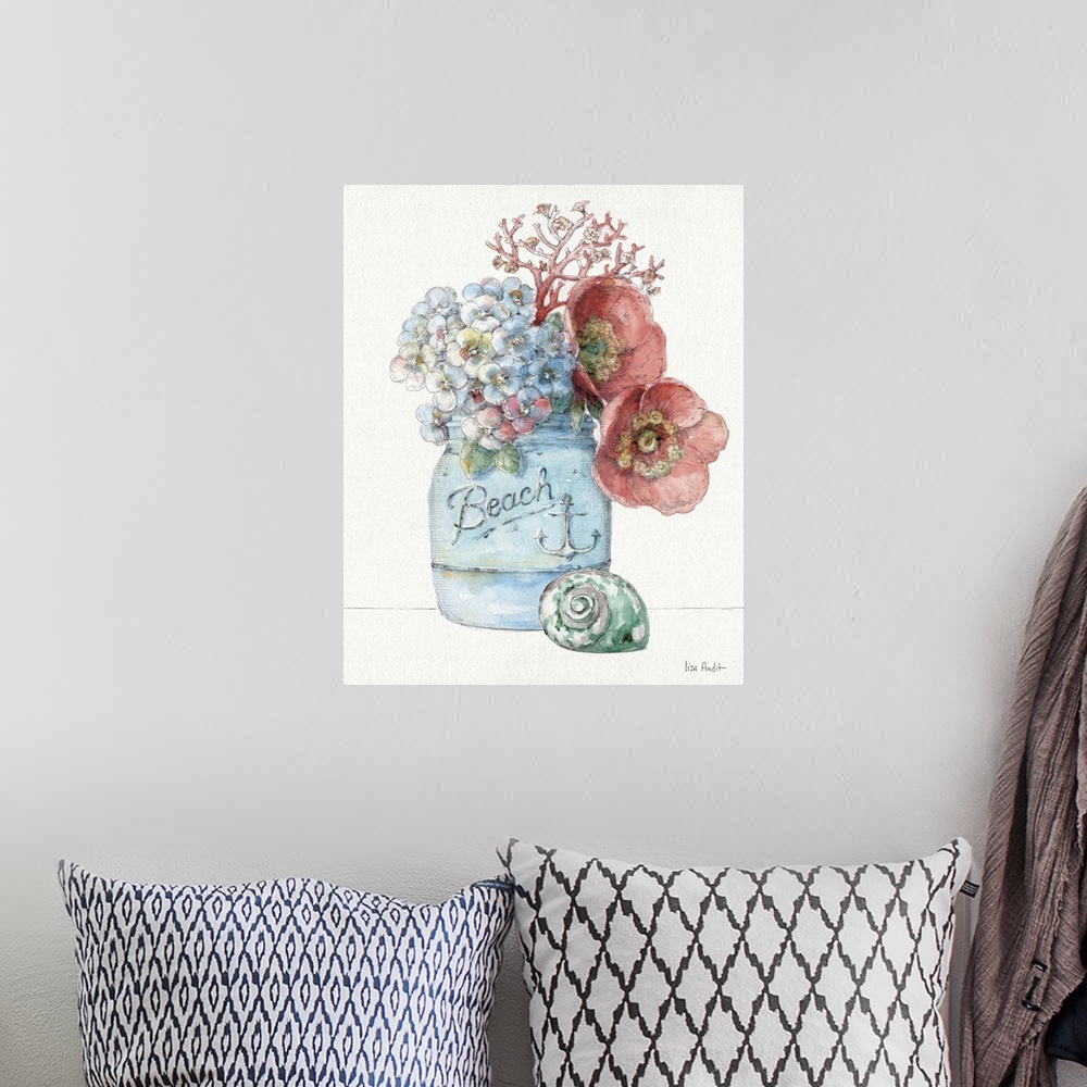 A bohemian room featuring Watercolor artwork of flowers in a mason jar with a seashell sitting next to it.