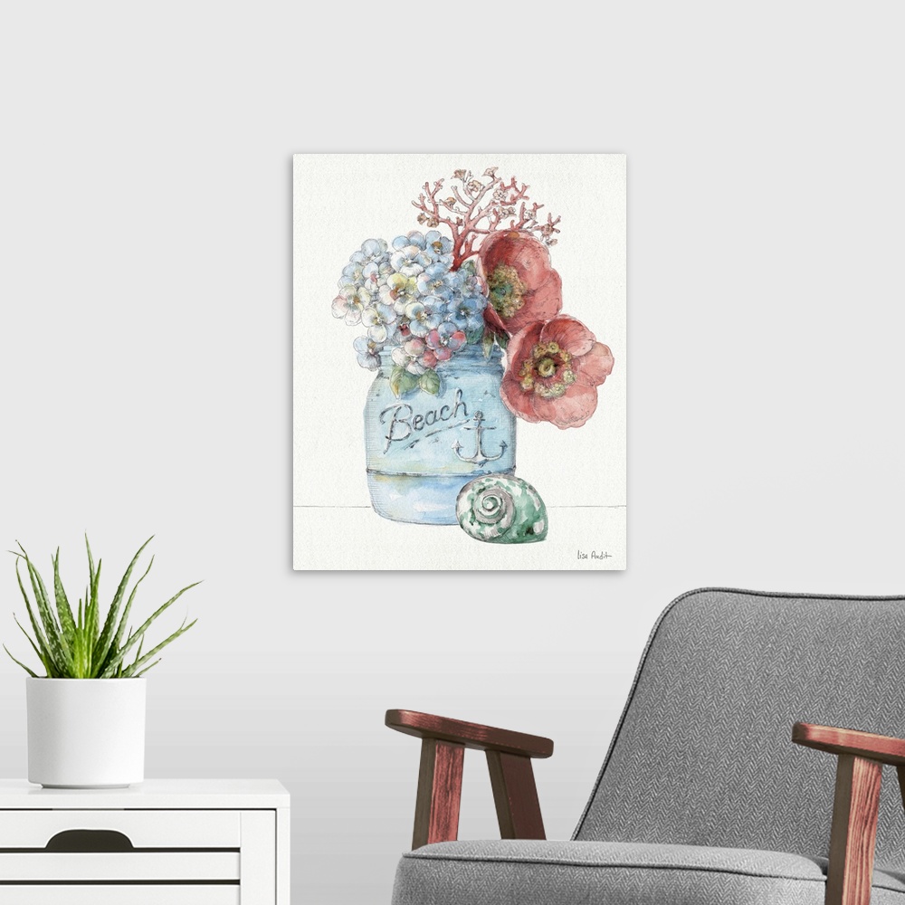 A modern room featuring Watercolor artwork of flowers in a mason jar with a seashell sitting next to it.
