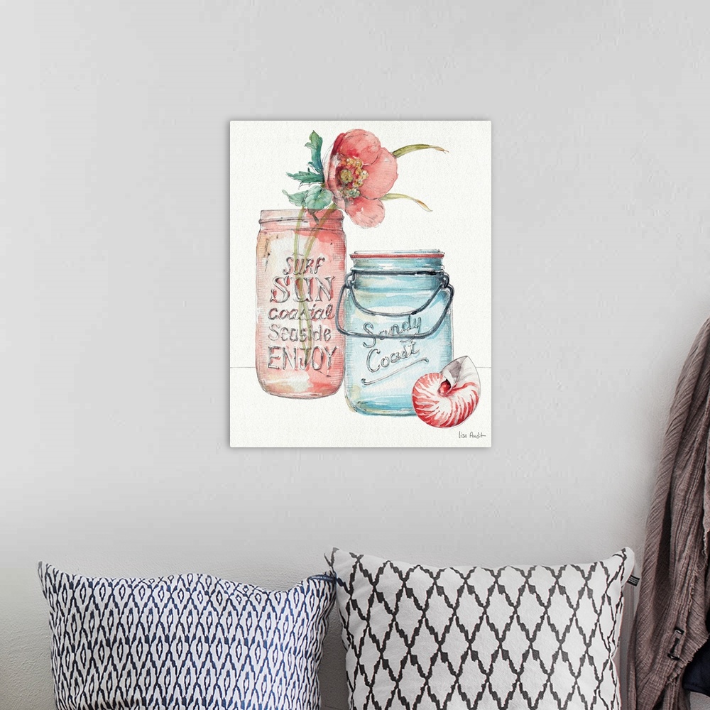 A bohemian room featuring Watercolor artwork of a flower in a mason jar with a seashell sitting next to it.
