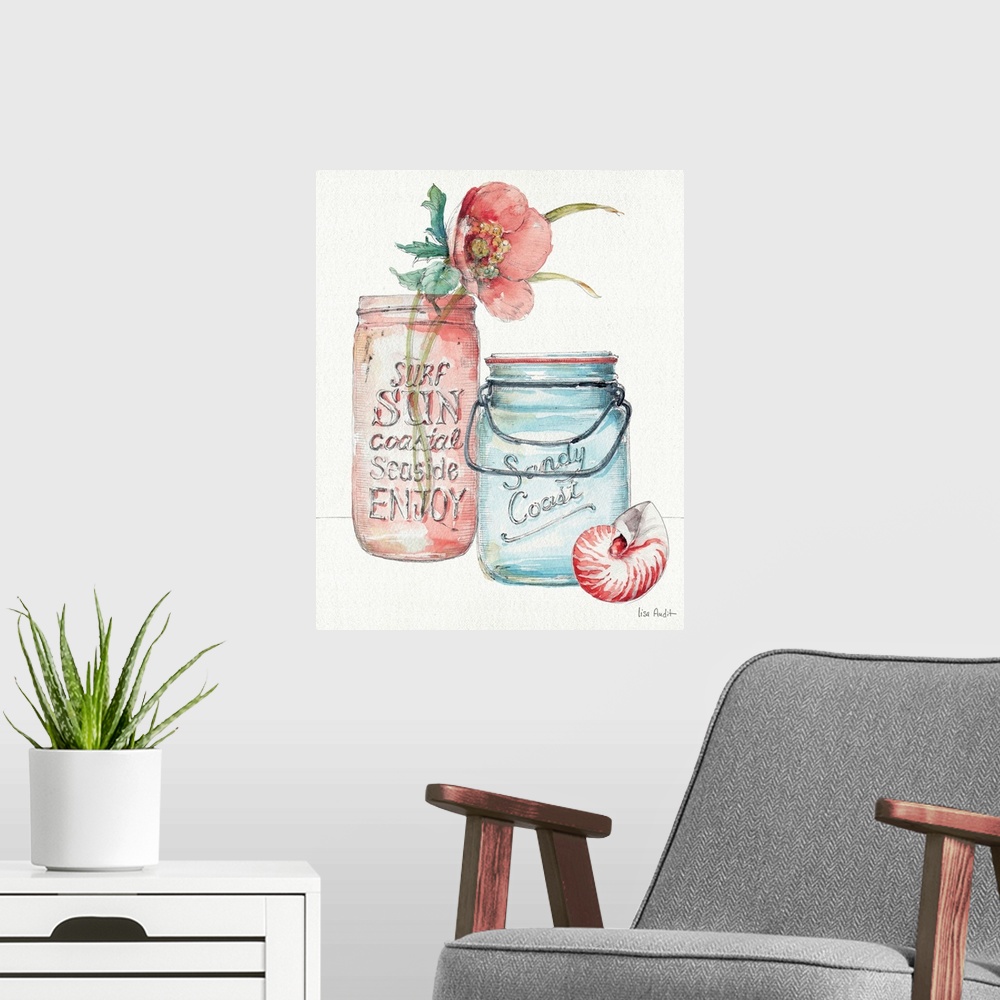 A modern room featuring Watercolor artwork of a flower in a mason jar with a seashell sitting next to it.