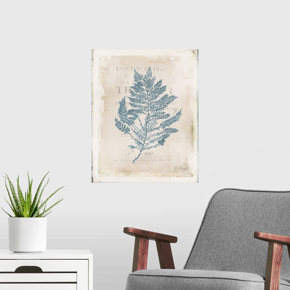 A modern room featuring Vintage style illustration of blue seaweed with faded text in the background.