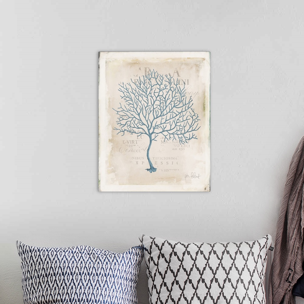 A bohemian room featuring Vintage blue coral art with faint text in the background.
