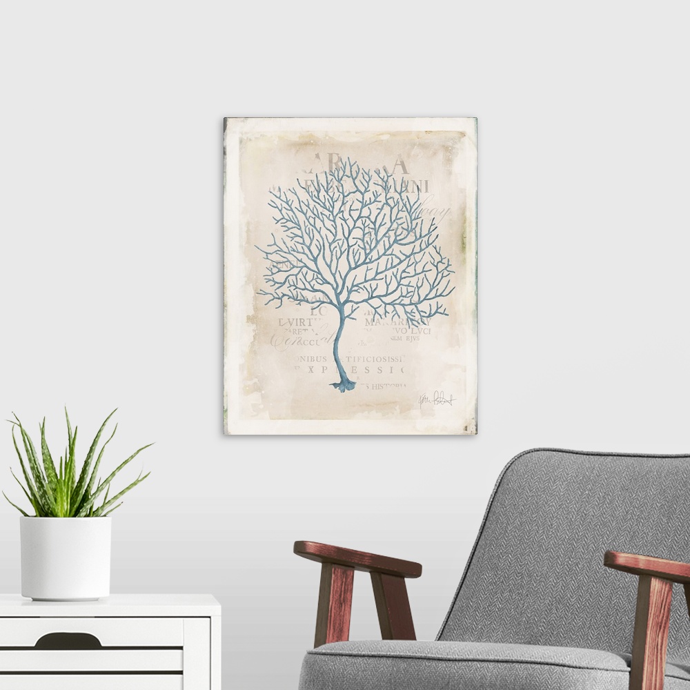 A modern room featuring Vintage blue coral art with faint text in the background.