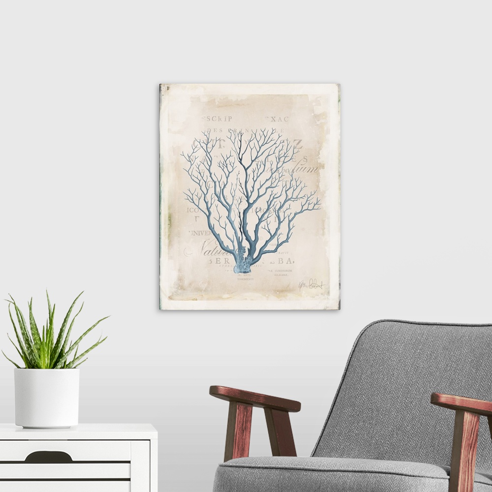 A modern room featuring Vintage blue coral art with faint text in the background.