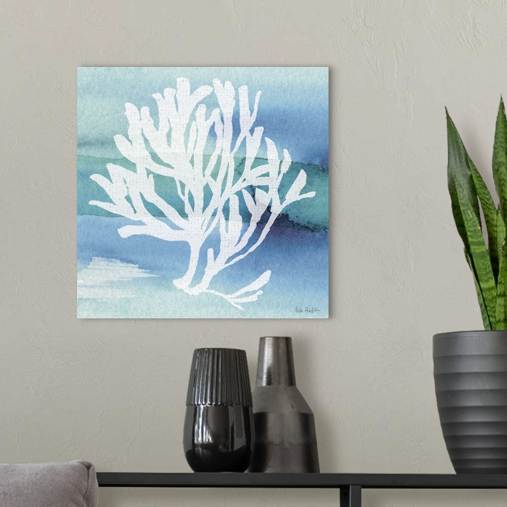 A modern room featuring Contemporary watercolor artwork of a coral silhouette.