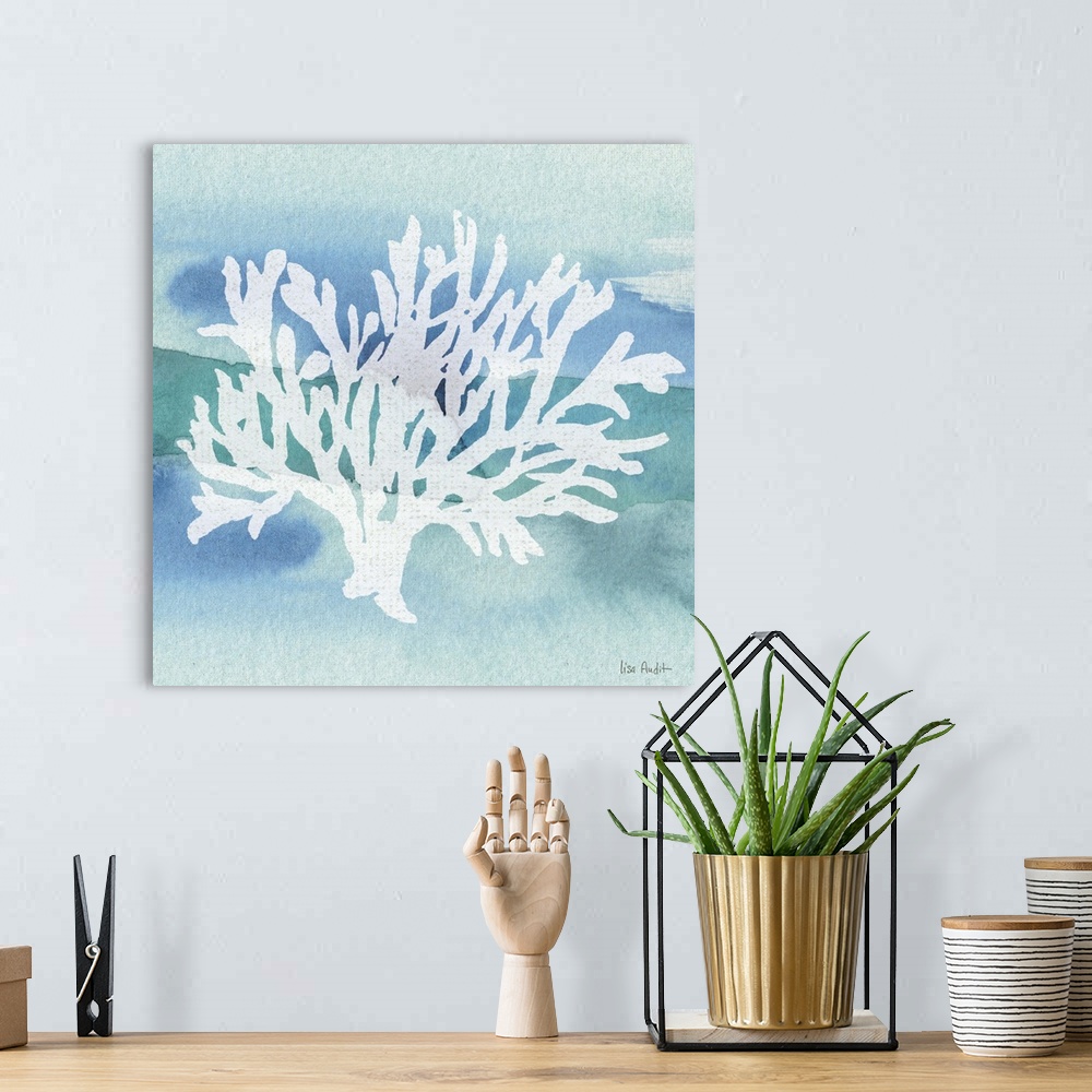 A bohemian room featuring Contemporary watercolor artwork of a coral silhouette.