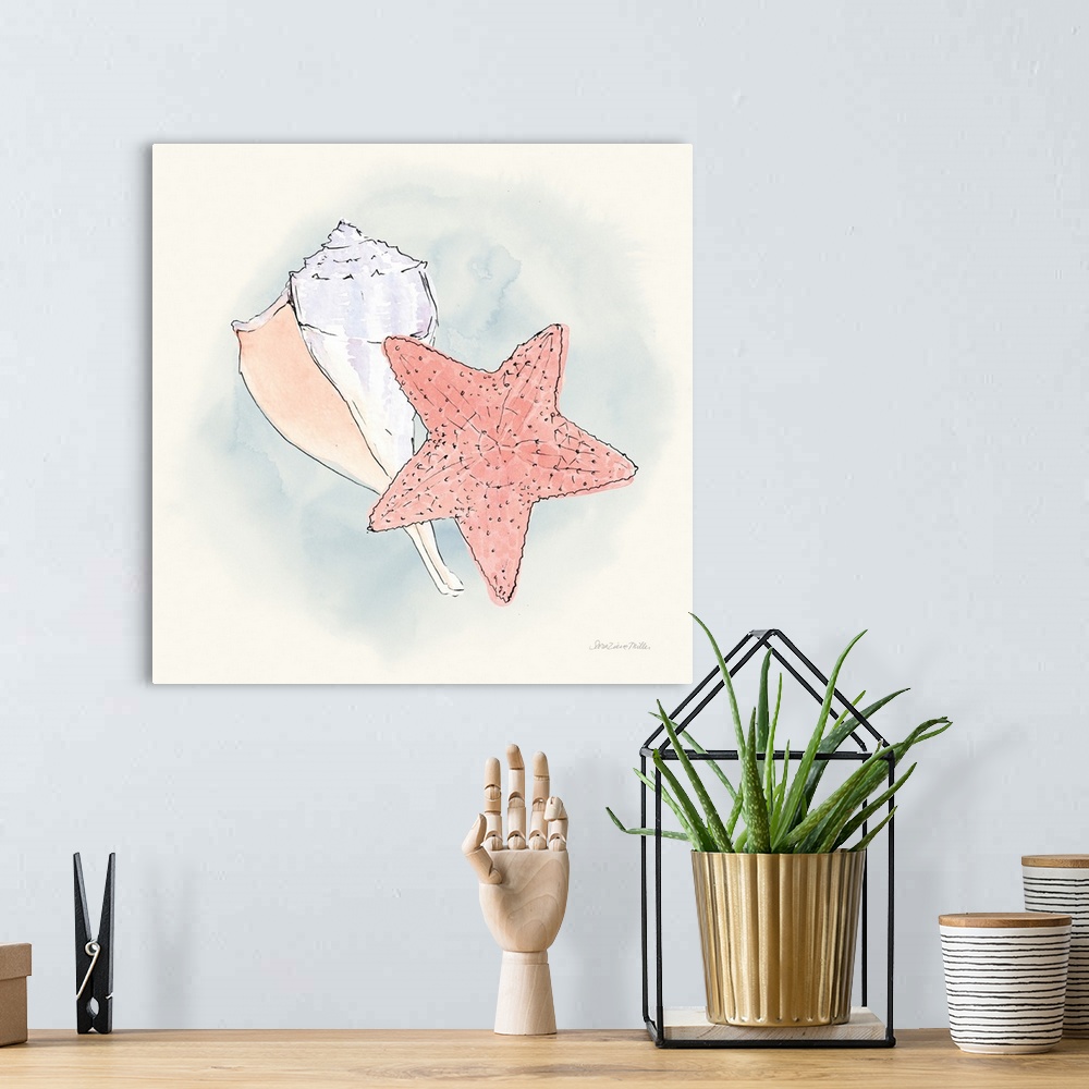 A bohemian room featuring Decorative artwork of an illustrated starfish with a conch seashell.