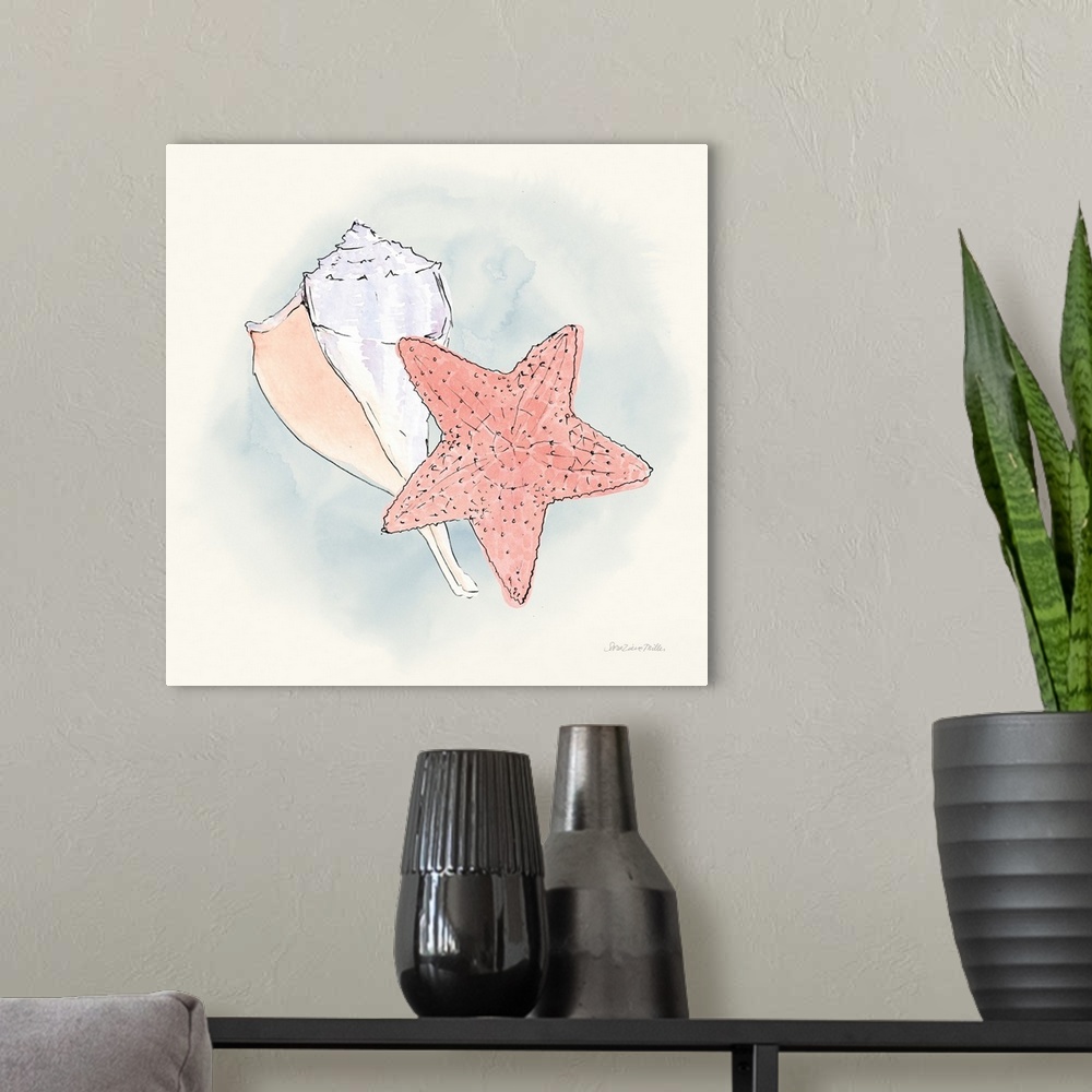 A modern room featuring Decorative artwork of an illustrated starfish with a conch seashell.
