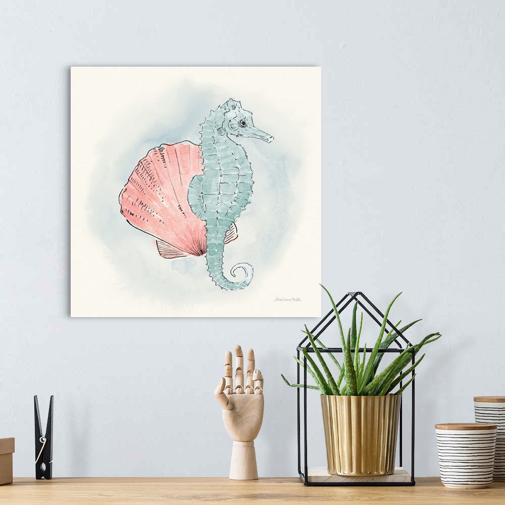 A bohemian room featuring Decorative artwork of an illustrated seahorse with a seashell.