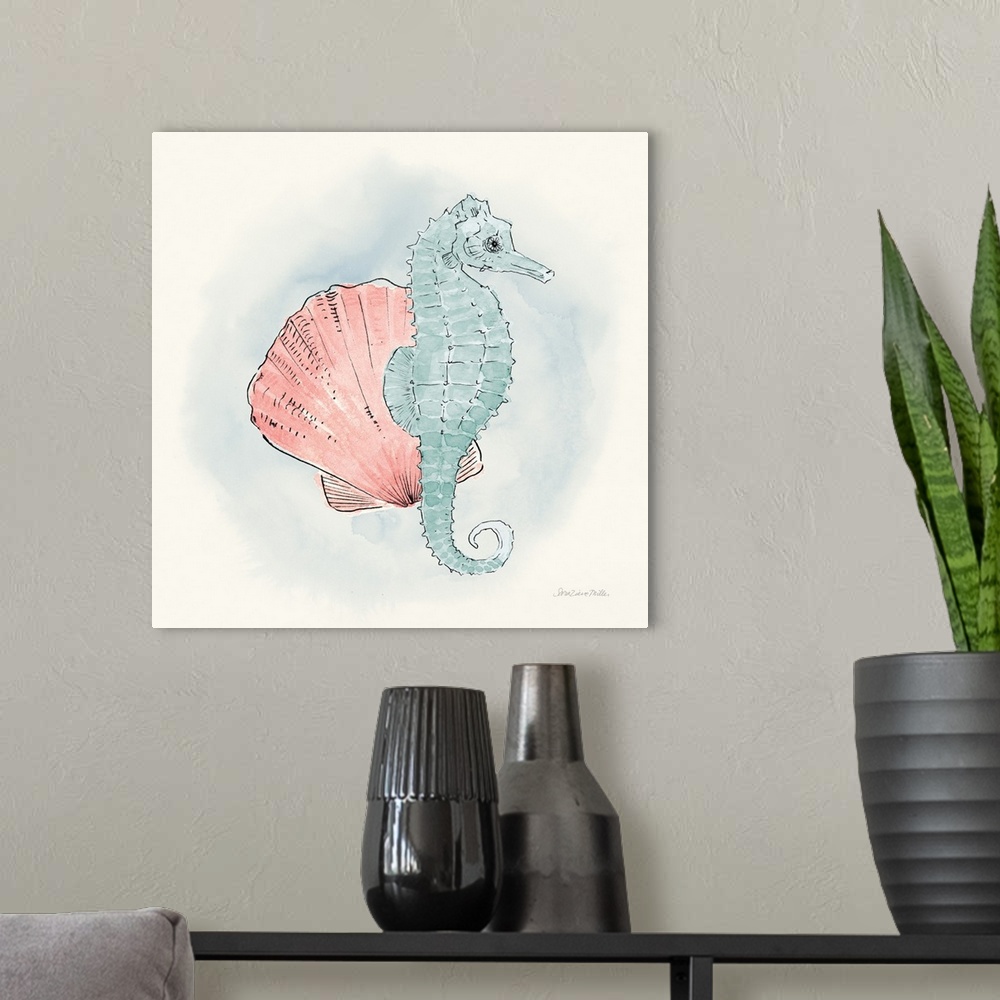 A modern room featuring Decorative artwork of an illustrated seahorse with a seashell.