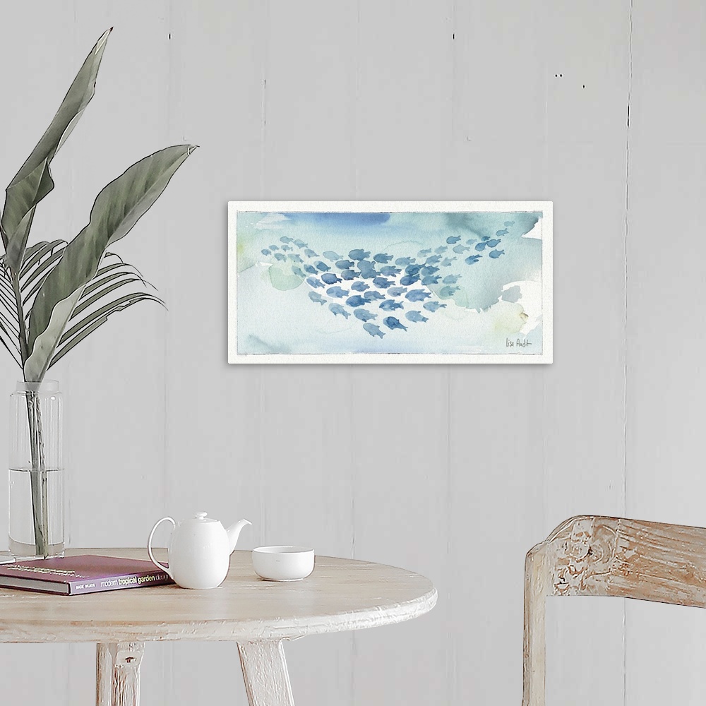 A farmhouse room featuring Watercolor painting of a school of fish against a light blue background.