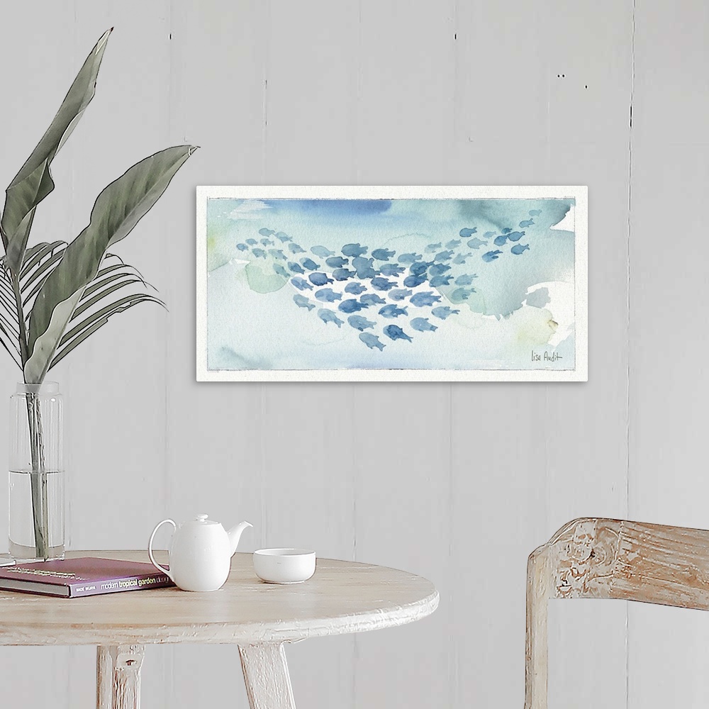 A farmhouse room featuring Watercolor painting of a school of fish against a light blue background.