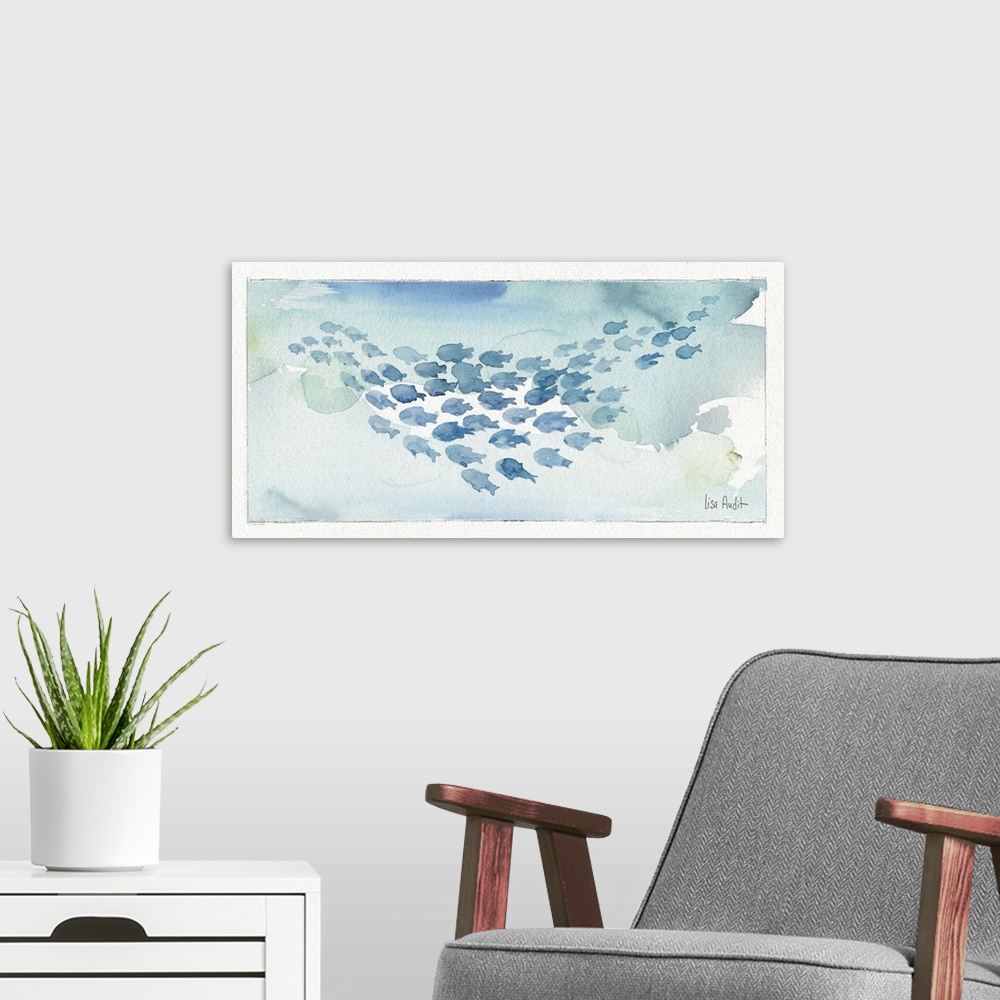 A modern room featuring Watercolor painting of a school of fish against a light blue background.