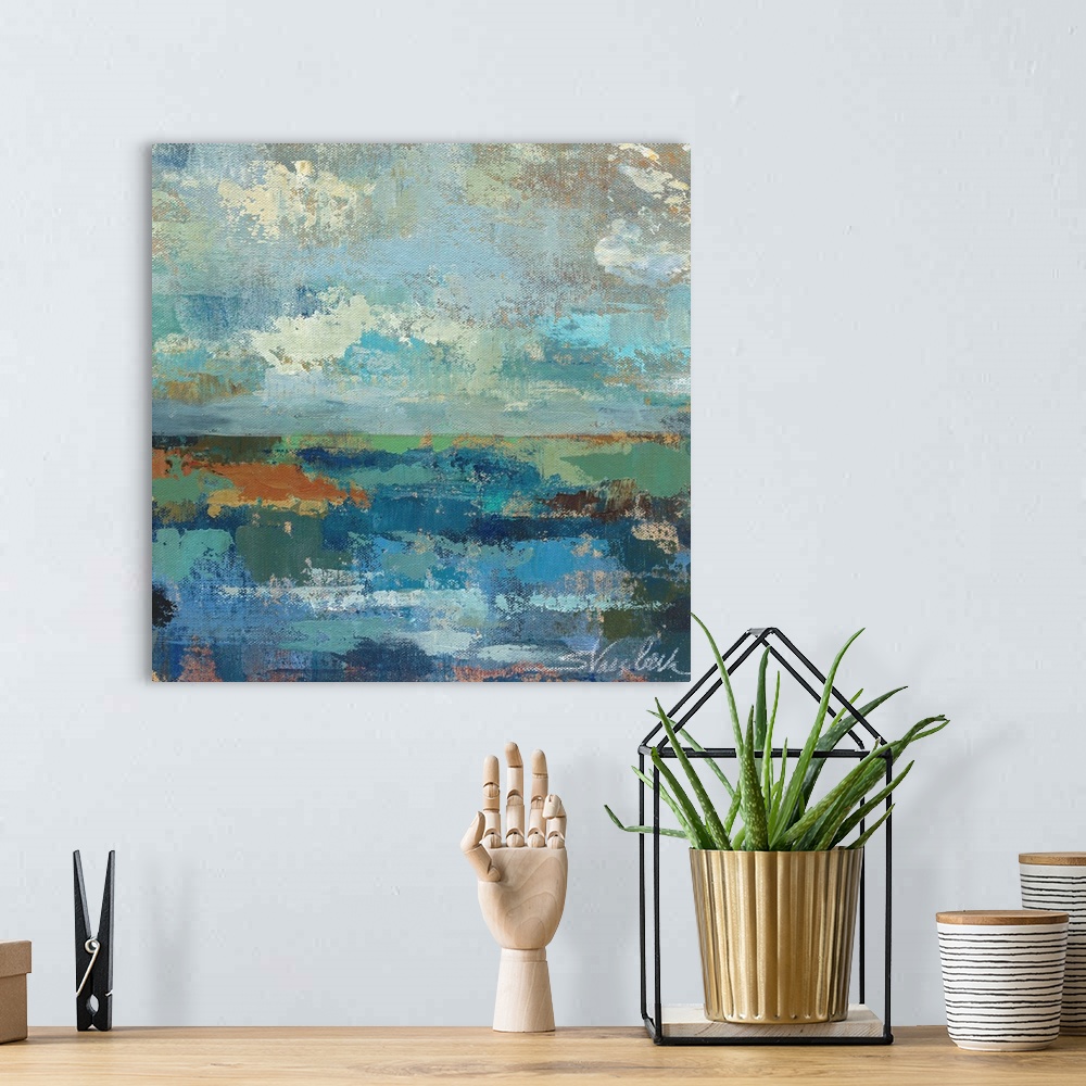 A bohemian room featuring Contemporary painting of the horizon where the ocean meets the sky.