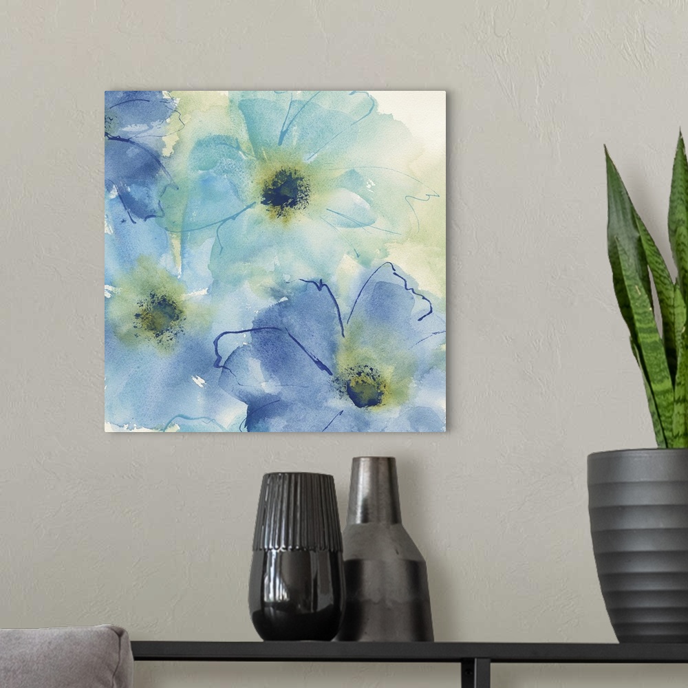A modern room featuring Contemporary watercolor painting of light blue flowers.