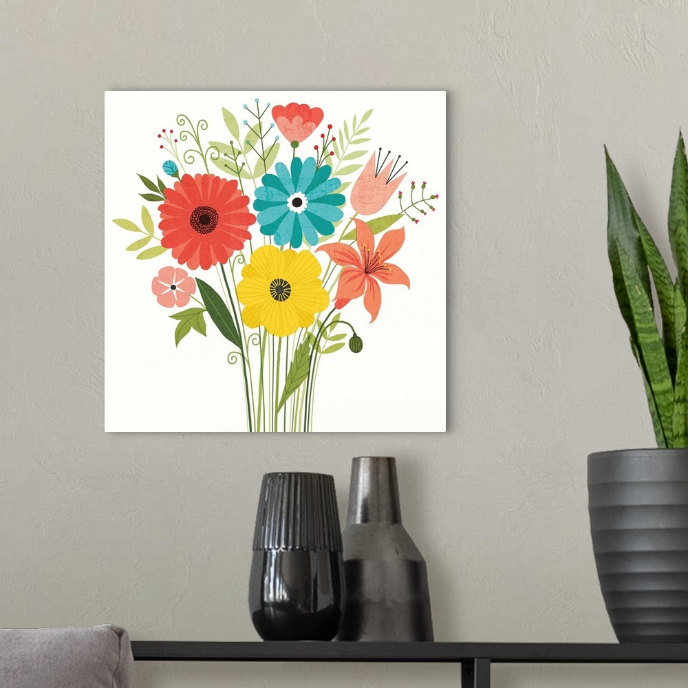 A modern room featuring Square art with a bouquet of colorful wildflowers.