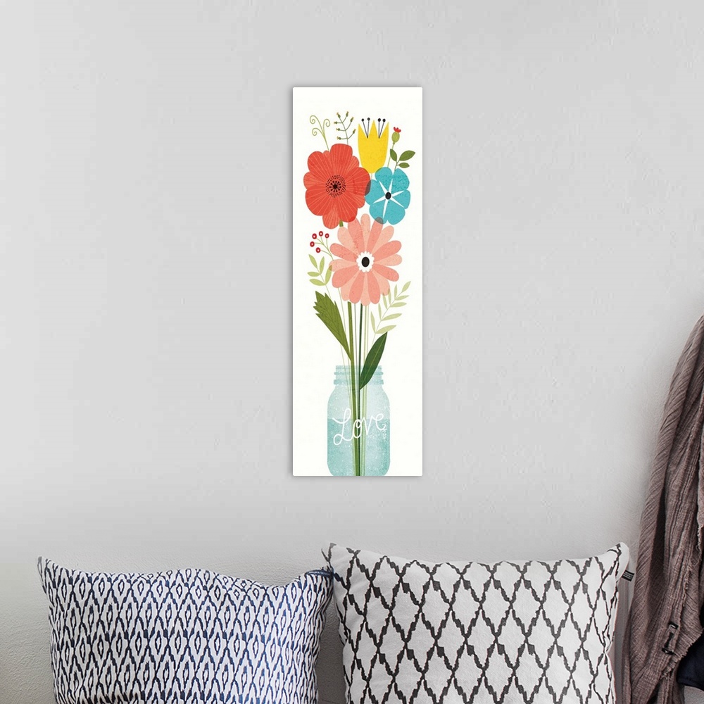 A bohemian room featuring Tall, rectangular art of wildflowers in a mason jar with the word "Love" etched on it.