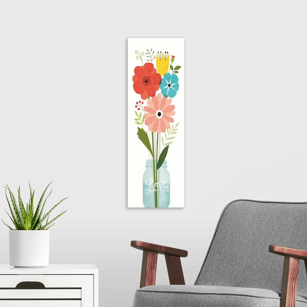 A modern room featuring Tall, rectangular art of wildflowers in a mason jar with the word "Love" etched on it.