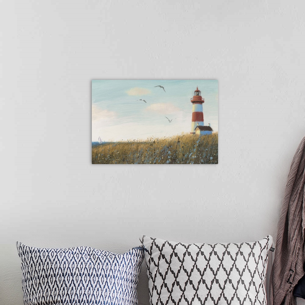 A bohemian room featuring Contemporary painting of a lighthouse overlooking the ocean with three seagulls flying by.