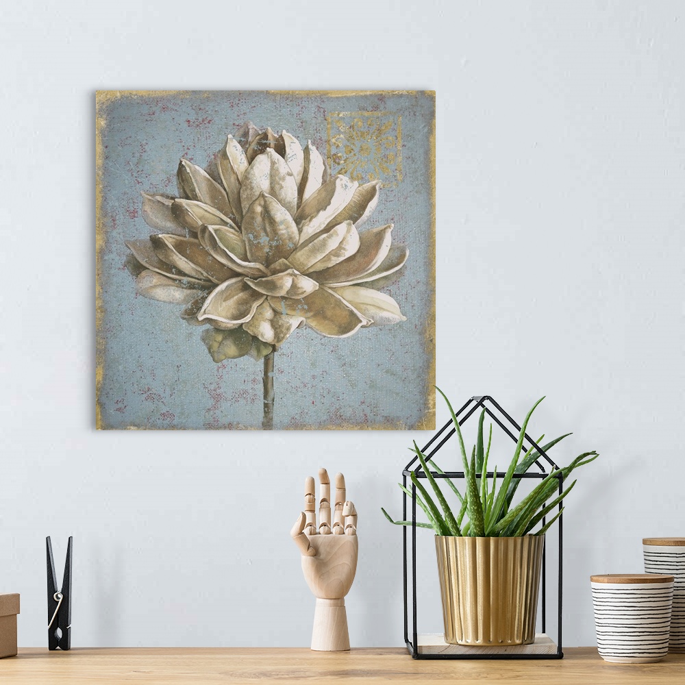 A bohemian room featuring Home decor artwork of a flower seed pod against a pale faded blue script background.
