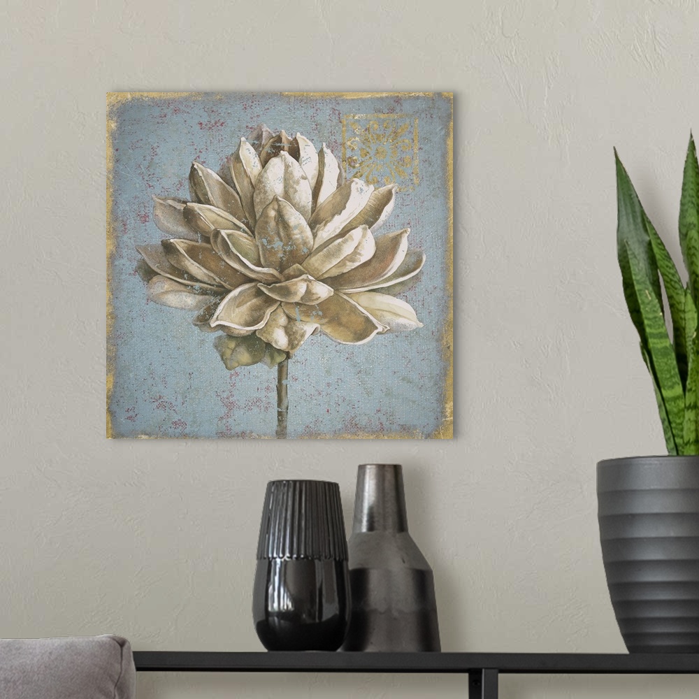 A modern room featuring Home decor artwork of a flower seed pod against a pale faded blue script background.