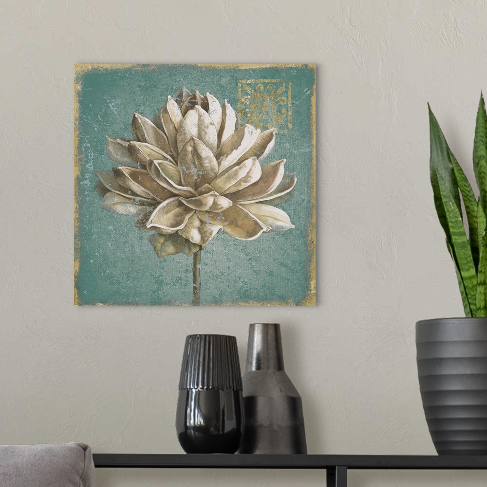 A modern room featuring A square decorative artwork of a large white bloom with a distress overlay and gold accents.