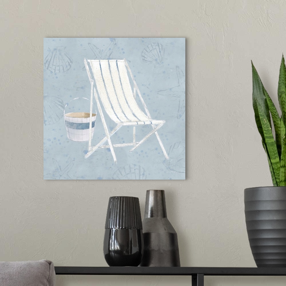 A modern room featuring Square art with an illustration of a white beach chair with blue stripes and a bucket on a light ...