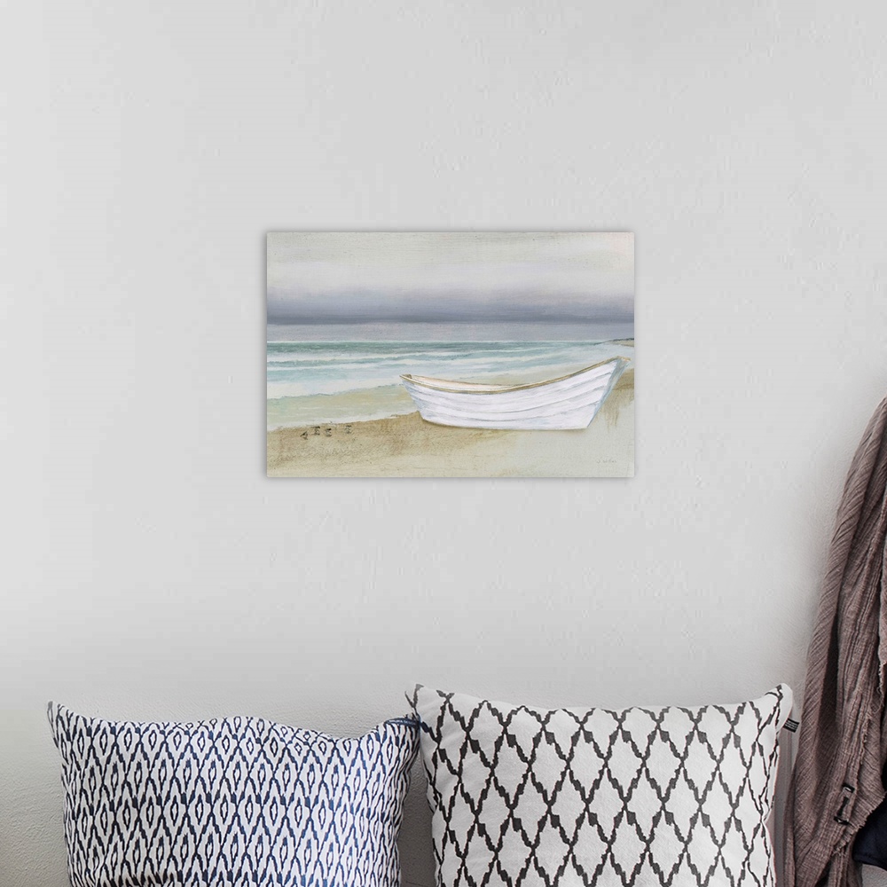 A bohemian room featuring Contemporary painting of a white boat on a sandy shore with shorebirds walking on the side.