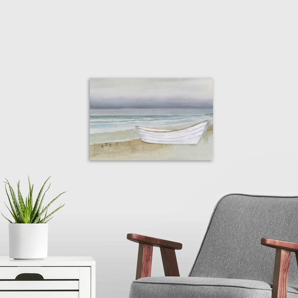 A modern room featuring Contemporary painting of a white boat on a sandy shore with shorebirds walking on the side.
