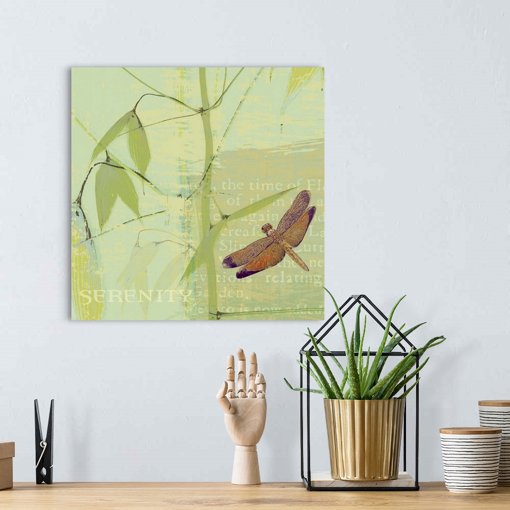 A bohemian room featuring Square large home art decor of a thin green branch with leaves on a background of patchy color an...