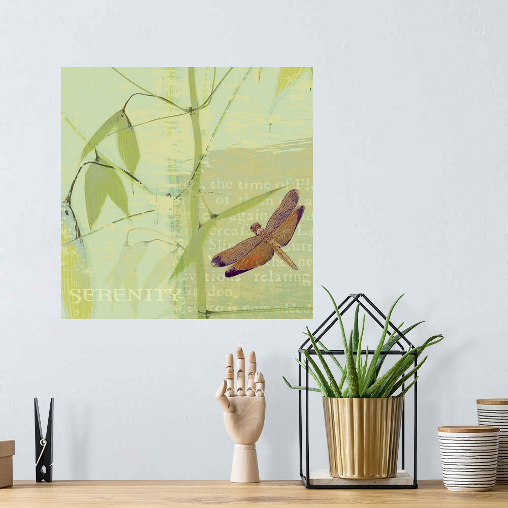 A bohemian room featuring Square large home art decor of a thin green branch with leaves on a background of patchy color an...