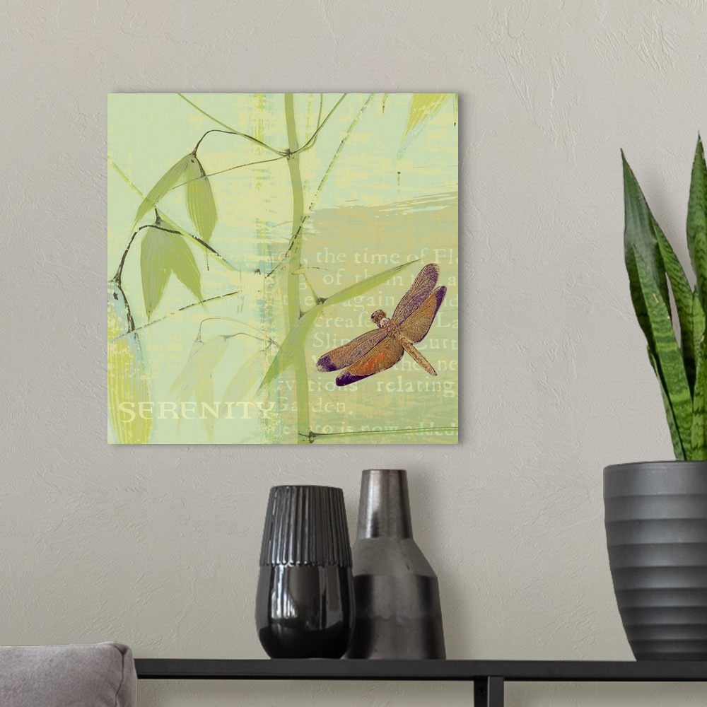 A modern room featuring Square large home art decor of a thin green branch with leaves on a background of patchy color an...