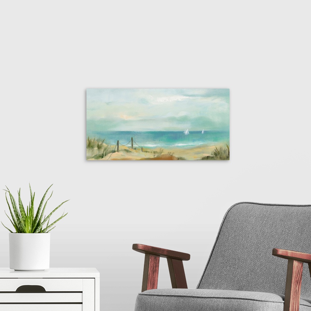 A modern room featuring A traditional contemporary painting of a seascape scene of dunes with white sailboat in the backg...