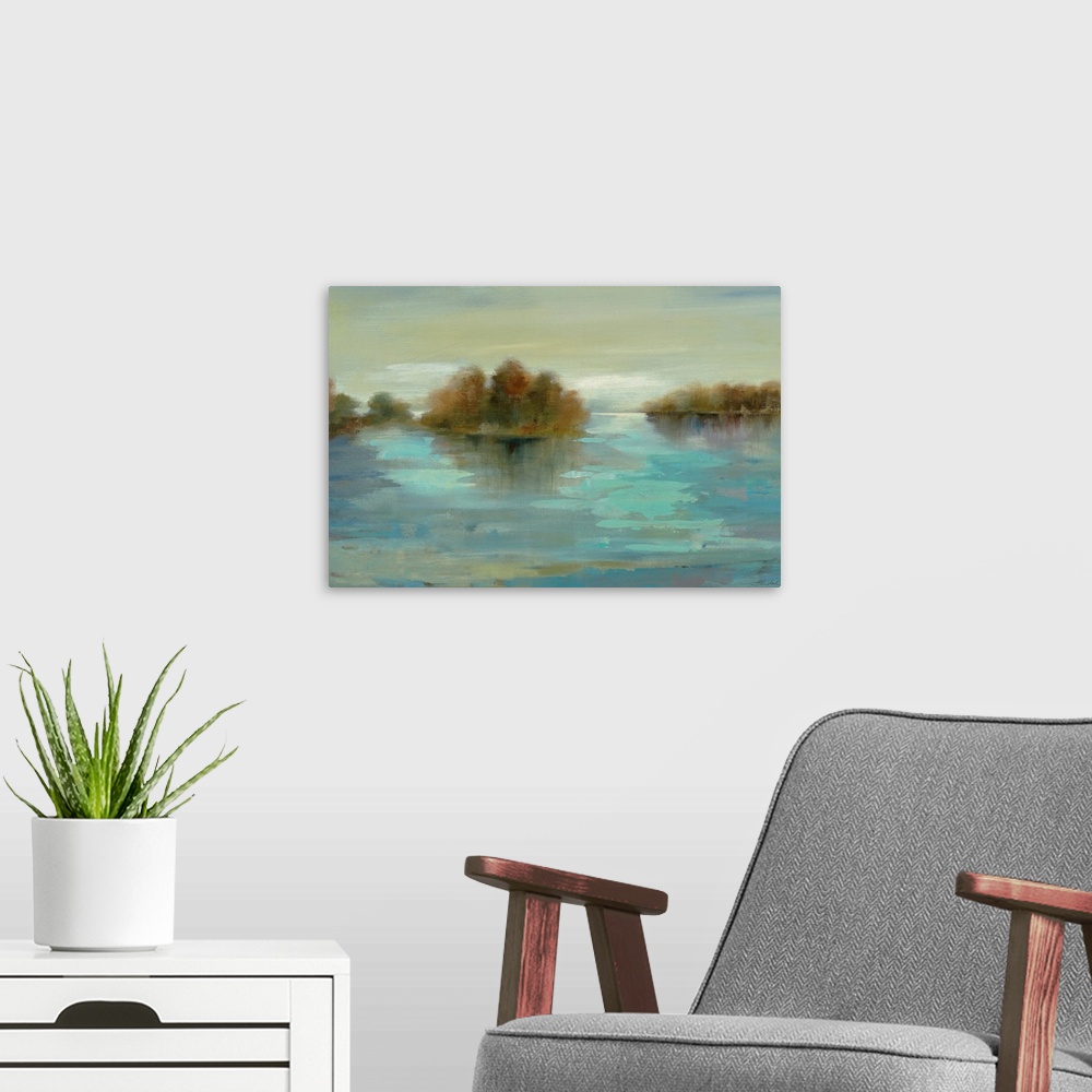 A modern room featuring Contemporary art piece of a river with a few small tree islands.