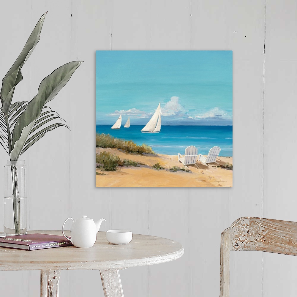 A farmhouse room featuring Large contemporary art shows a trio of sailboats traveling through the open waters of an ocean on...