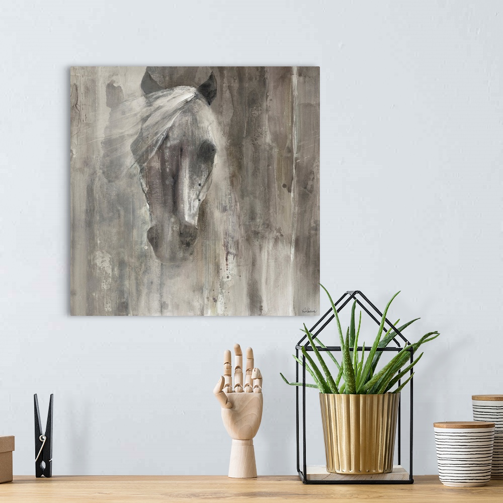 A bohemian room featuring Contemporary painting of a horse's face and mane in shades of grey.