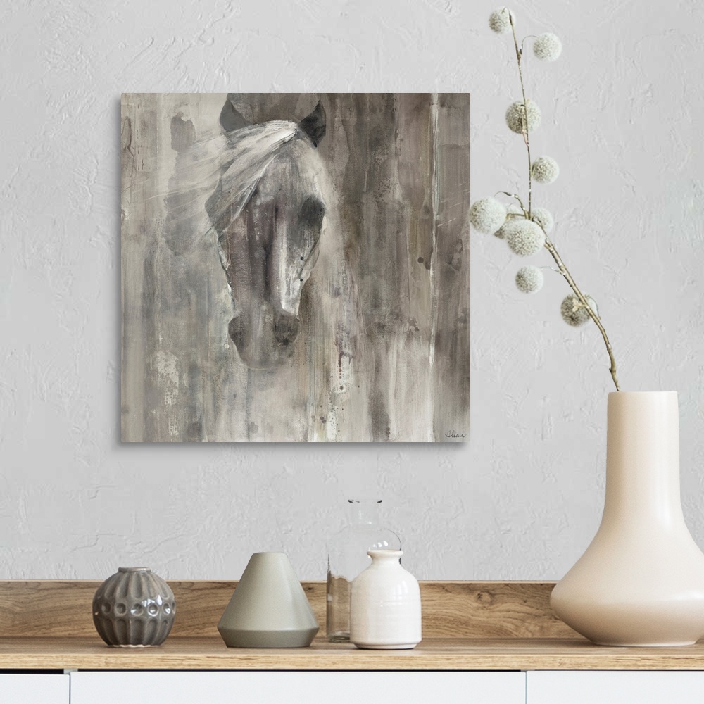 A farmhouse room featuring Contemporary painting of a horse's face and mane in shades of grey.