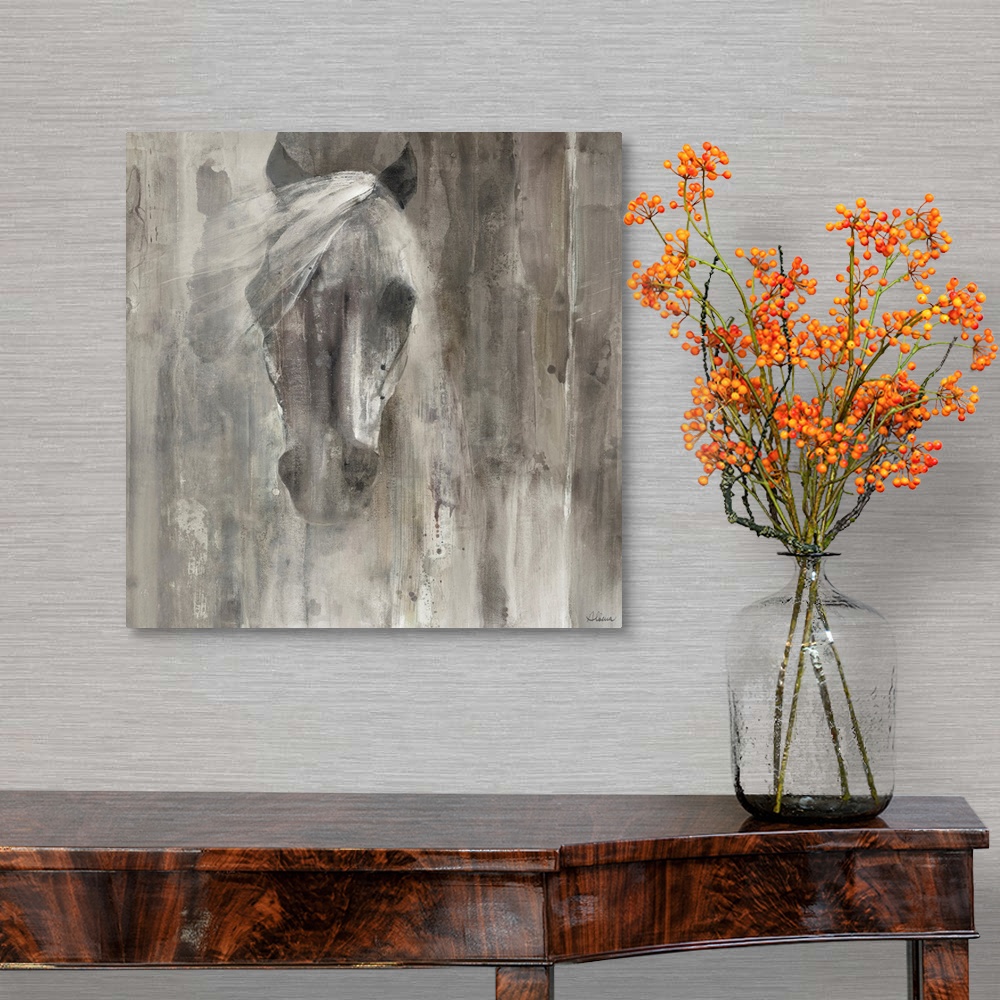A traditional room featuring Contemporary painting of a horse's face and mane in shades of grey.