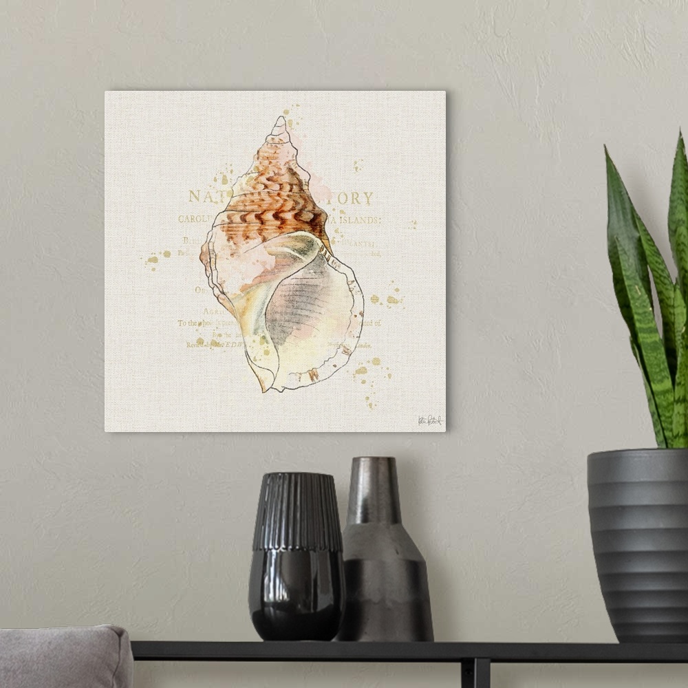 A modern room featuring Square watercolor painting of a coral colored seashell with faint gold text in the background.