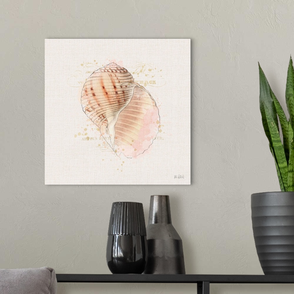 A modern room featuring Square watercolor painting of a coral colored seashell with faint gold text in the background.