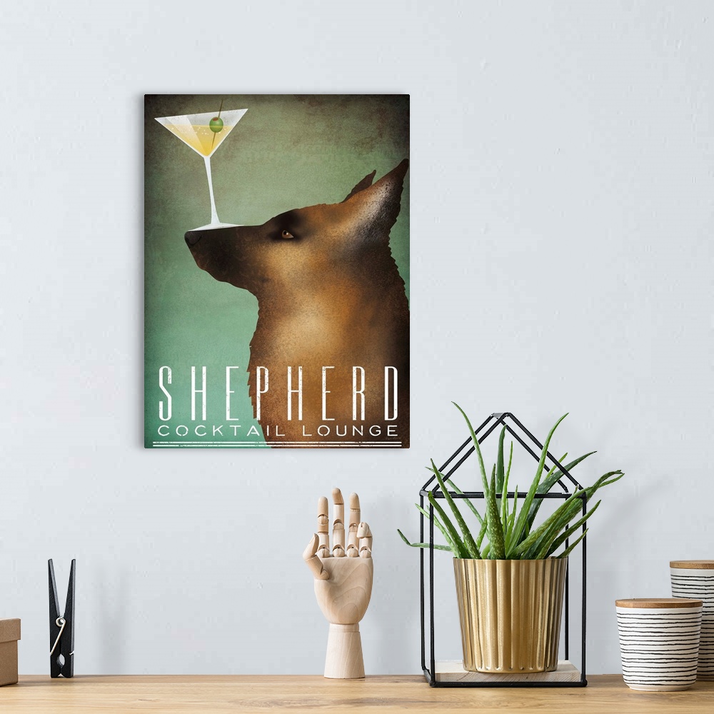 A bohemian room featuring Illustration of a shepherd balancing a martini glass on its nose with "Shepherd Cocktail Lounge" ...