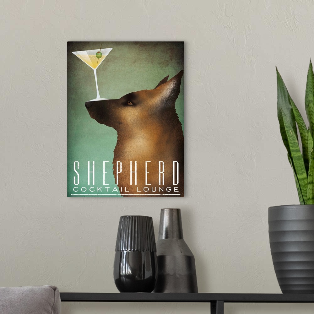 A modern room featuring Illustration of a shepherd balancing a martini glass on its nose with "Shepherd Cocktail Lounge" ...