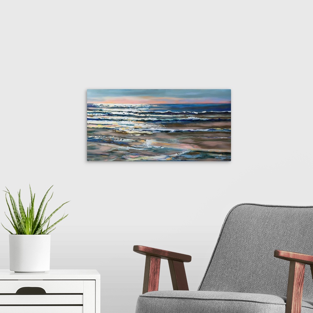 A modern room featuring A landscape painting of waves on the ocean being caught by the sunlight